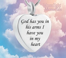 New God has You in his Arms Heart Cremation Urn Ashes Necklace