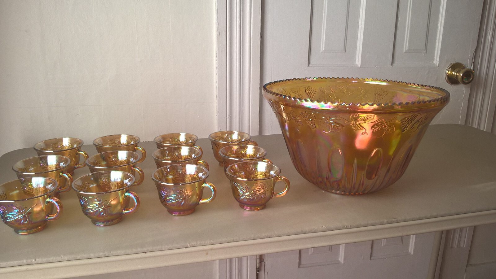 Indiana Carnival Glass Punch Bowl 12 Cups Set Grape Leaf Iridescent Gold Vintage