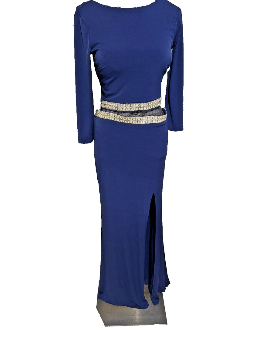 jersey navy dress Long Fitted Open Back Jersey Prom Dress