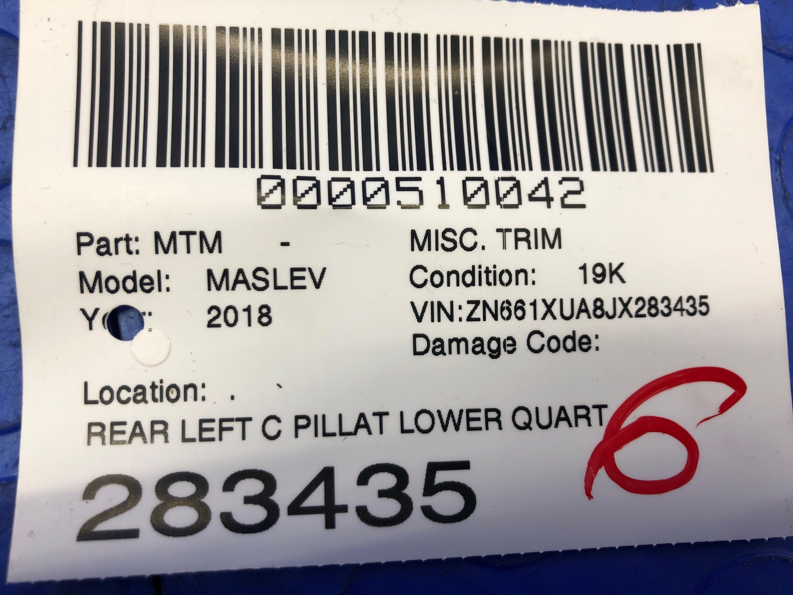 2017-2022 MASERATI LEVANTE OEM REAR LEFT C PILLAT LOWER QUARTER PANEL 670040380