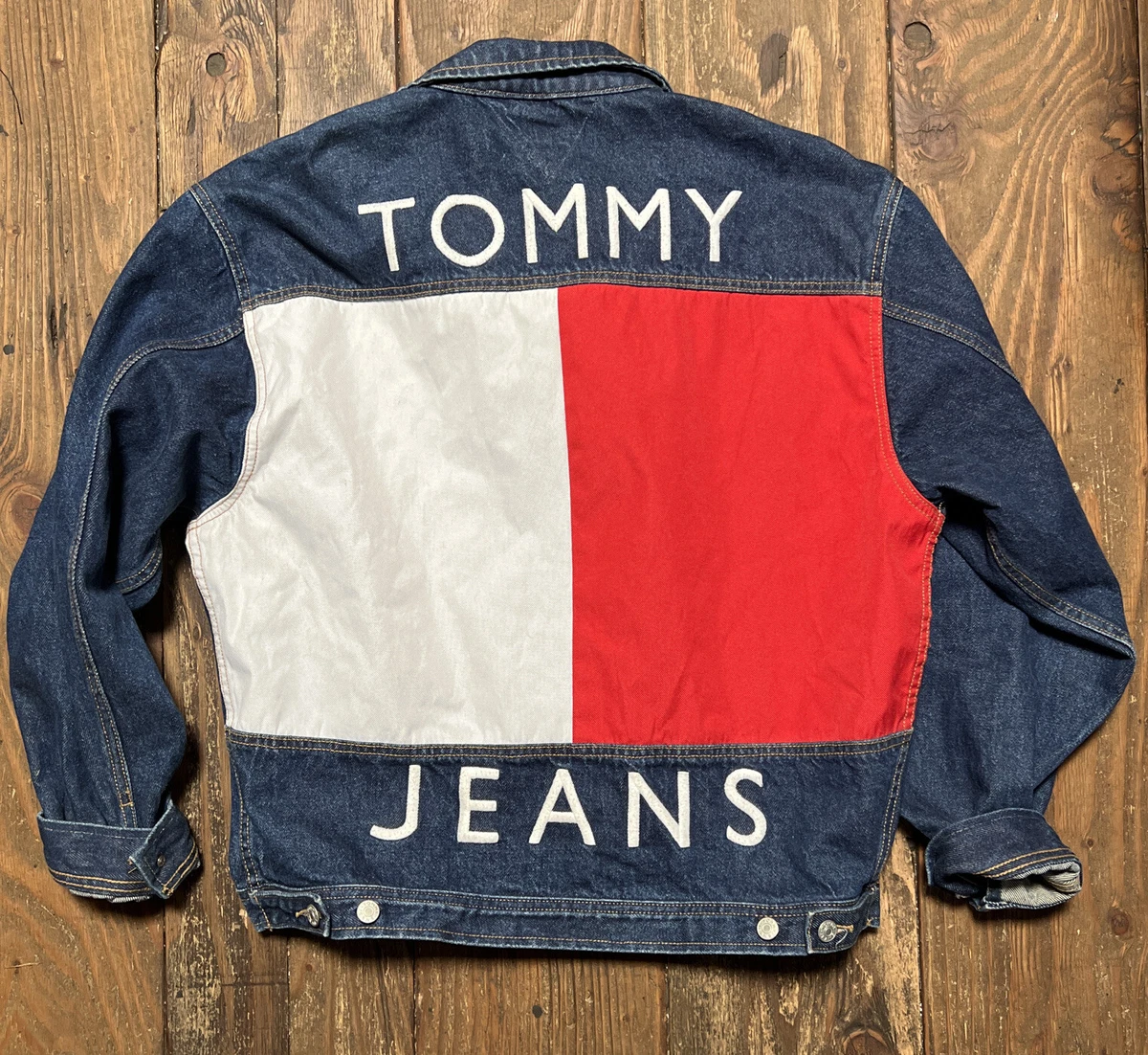 RARE Vintage TOMMY HILFIGER Jeans Denim Spellout Jacket Flag size L Large