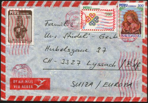 Peru Lima to Switzerland Airmail Cover 1984 Latin America Postage