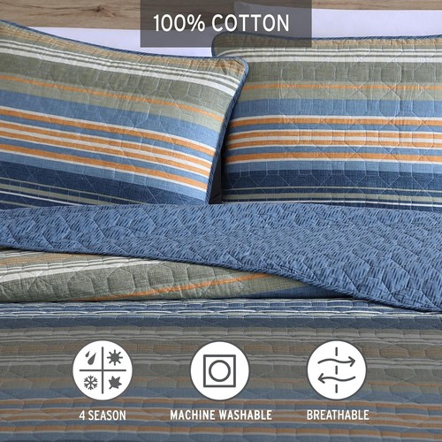 Queen Quilt Set Southwestern Modern Farmhouse Cotton Blue Stripe Cabin Lodge 3Pc - Picture 13 of 24