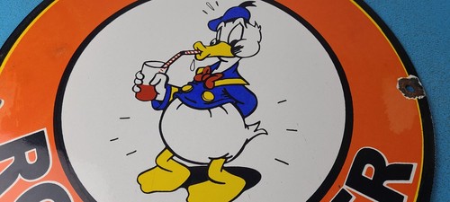 VINTAGE A&W PORCELAIN ROOT BEER BEVERAGE SODA DONALD DUCK GAS PUMP SIGN - Picture 3 of 15