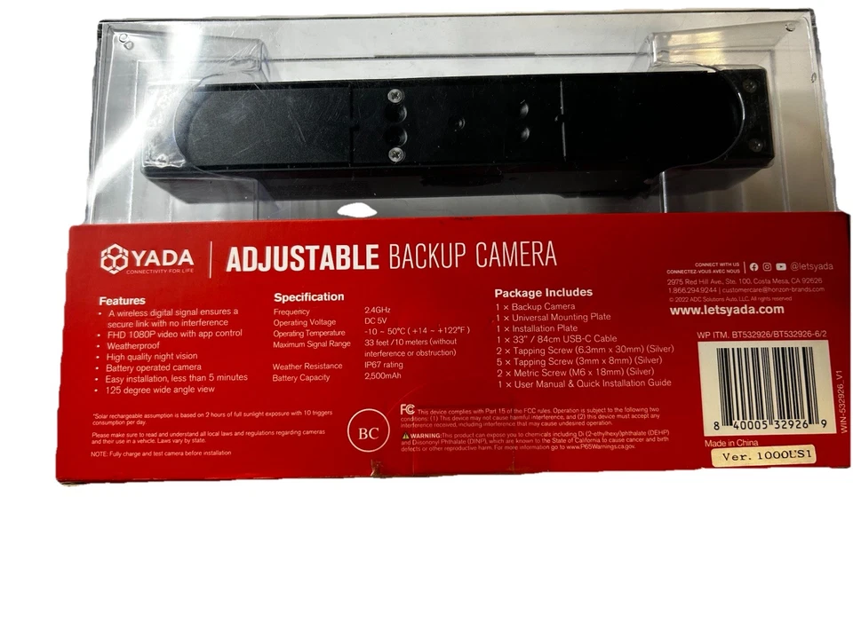 Câmera de backup ajustável sem fio YADA BT532926 NOVA EM FOLHA LACRADA - Imagem 2 de 4
