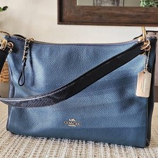 Coach Blue Pebbled Shoulder Bag Gold Hardware Chain Accent Logo Zip