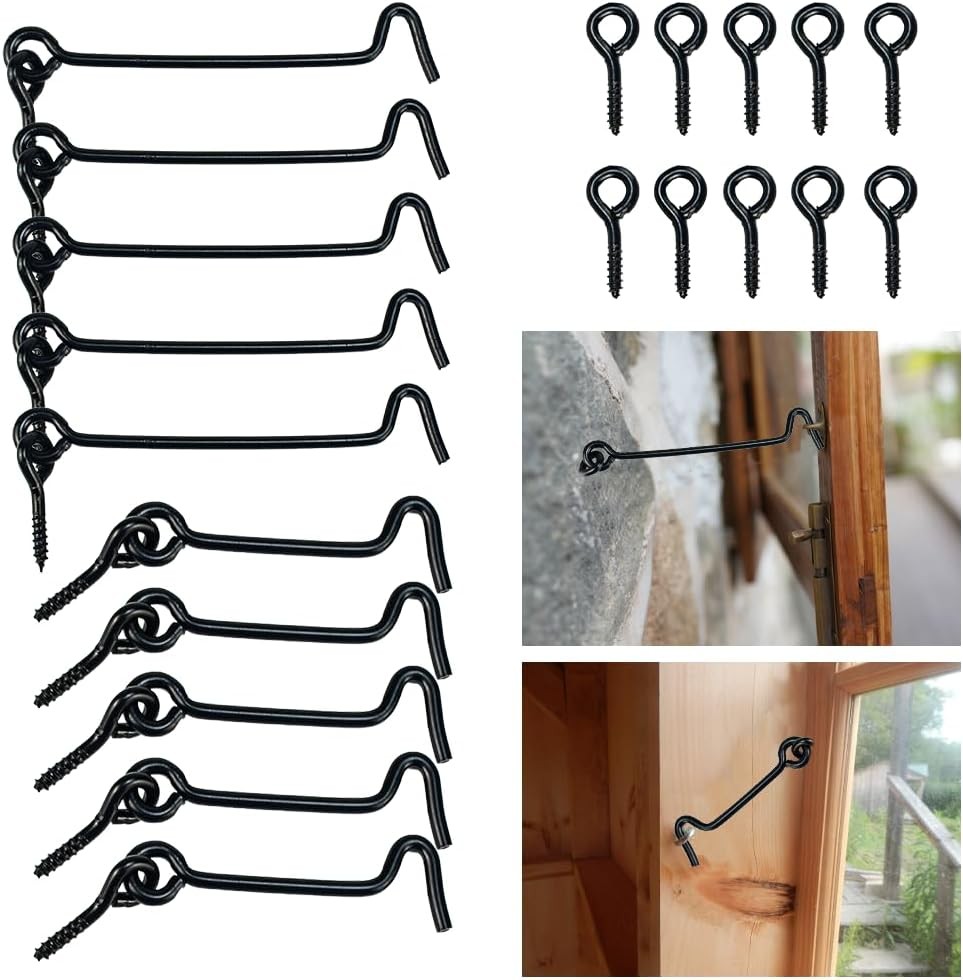 10 Pcs Cabin Hook and Eye Latch, 2.5''/4'' Door Latch Black Gate Hook Lock Meta