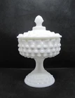 Vintage Fenton Hobnail Milk Glass Lid Covered Candy Dish Pedestal 1950s Vintage