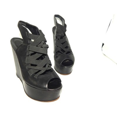 Georgina Goodman Black Leather Wedge Peep Toe Slingback Size 6