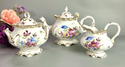 Antique Richard Klemm Teapot Creamer & Sugar Bowl Set Dresden Flowers Rococo 19C