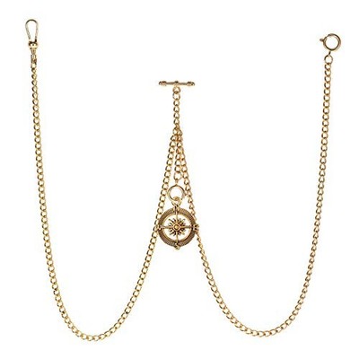 Men's Double Albert Chain Pocket Watch Curb Link Key Chain 3 Hooks with Gold