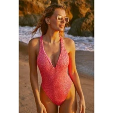 New Anthropologie LULI FAMA Sequin one Piece $228 SMALL Pink ADJUSTABLE STRAPS 