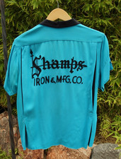 Vtg 1950s Gabardine Rayon Bowling Shirt Embroider Loop Collar Women Rockabilly