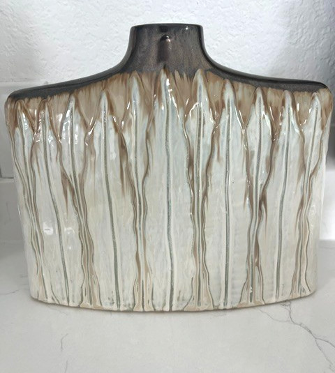 Large 11.5" Mid Century Style Ribbed  Vase Ceramic Drip Glaze Centerpiece