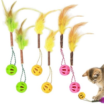 3-in-1 Cat Toy Balls with Feather, Silvervine Stick and Inside Bell, Colorful...