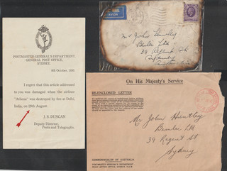 GB 1936 Salvaged Athena Crash Flight Cover To Australia Dead Letter Office