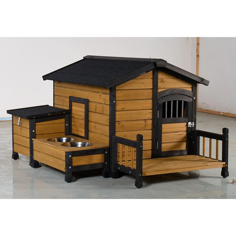 Large Wooden Dog House with Storage Compartment, Feeding Area, and Lockable Door - Image 2 of 4