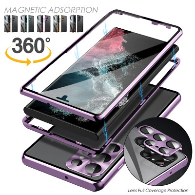 For Samsung Galaxy S24 S23 360° Magnetic Glass Case Clear Screen Protector Cover