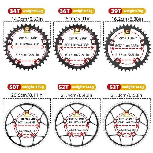110BCD Chainring 34T 36T 39T 50T 52T 53T for Road Bike Crankset 9 10 11 Speed - Picture 6 of 33