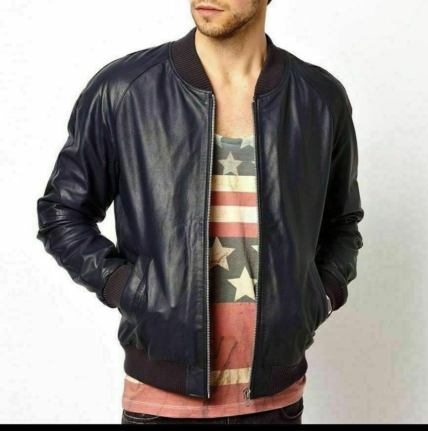 ALTRA Giacca cappotto biker uomo vera pelle di agnello alta qualità blu navy outwear