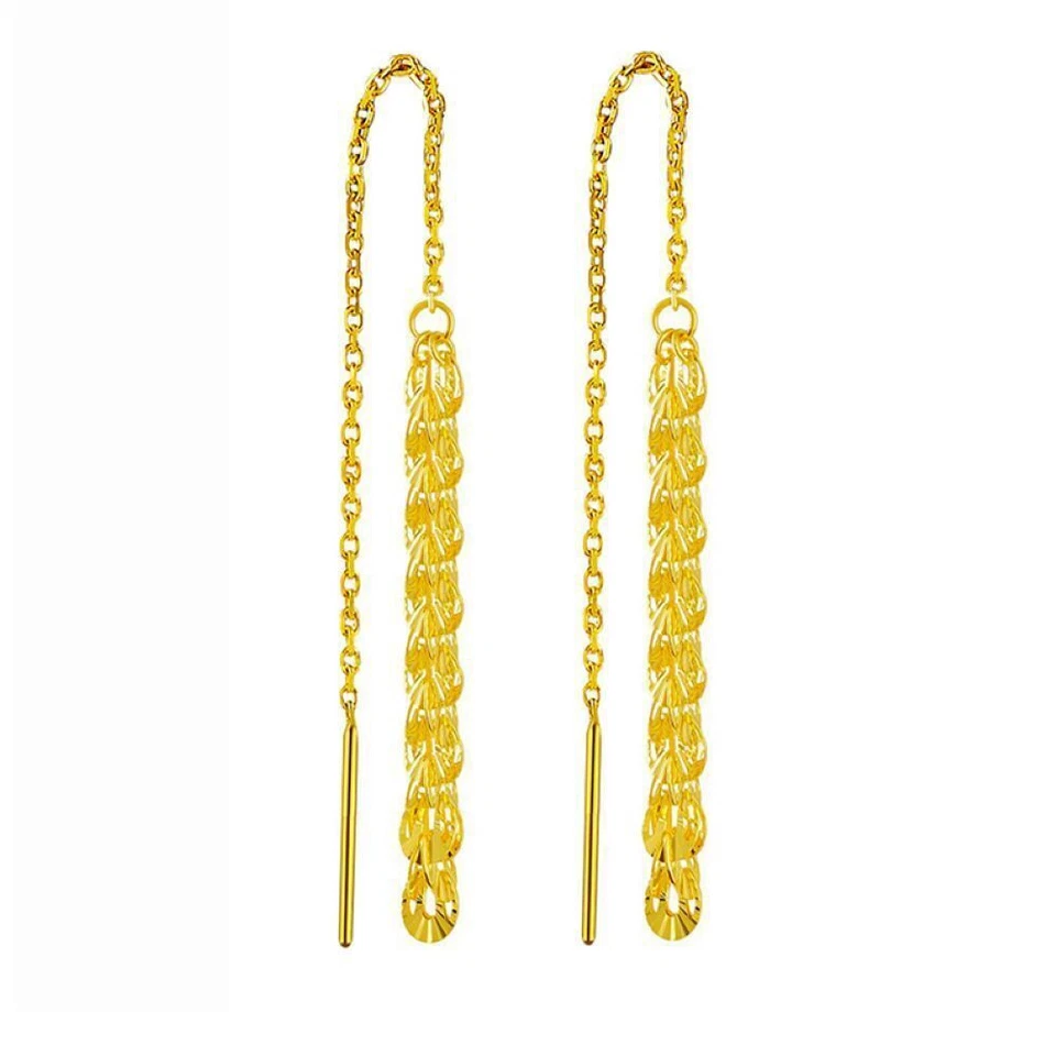 Solid 18K Yellow Gold Feather Charm With O Link Dangle Earrings 3.54inch Long - Image 2 of 4