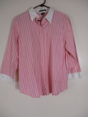 Ralph Lauren Women's Pink Blouse striped classic shirt top 3/4 sleeve monogramed