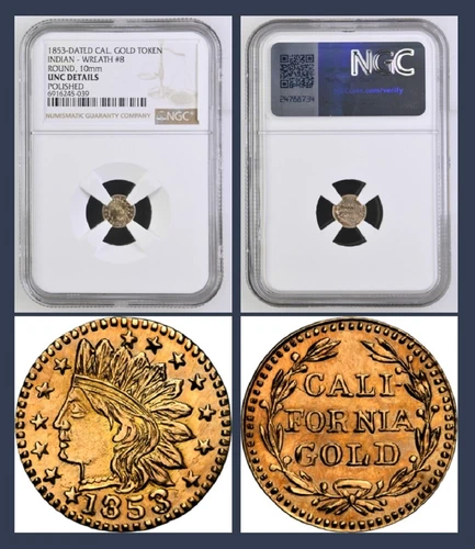 1853 1/4 CALIFORNIA GOLD TOKEN, INDIAN - WREATH #8 / NGC UNC DETAILS