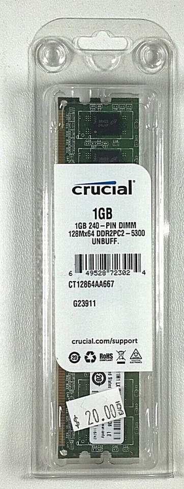 Crucial 1GB DDR2 PC2-5300 Unbuffered 240 Pin DIMM RAM - CT12864AA667 For Desktop - Image 2 of 4