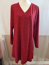 Red Sparkle Dress Ladies Size XL Long Sleeved V Neck