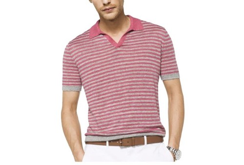 Michael Kors 100% Linen Polo Shirt Men Size M Striped Red Gray Knit Short Sleeve - Picture 2 of 13