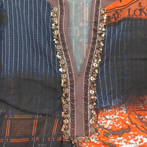 Marc Aurel Top Womens Size 40 Long Sleeve Sequin V Neck Mixed Media Print Sheer - Picture 4 of 17