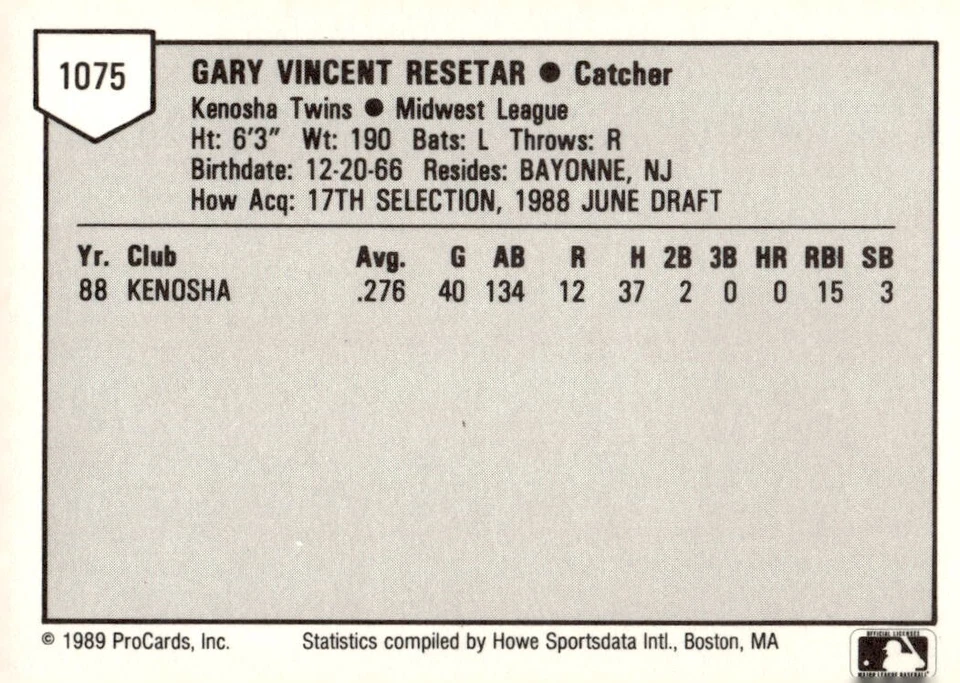 1989 ProCards Kenosha Twins GARY RESETAR RC TWINS - Image 2 of 2