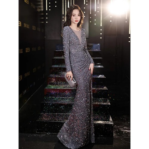 Women Elegant Long Evening Dress Sequins Party Evening Gown Formal Maxi Dress