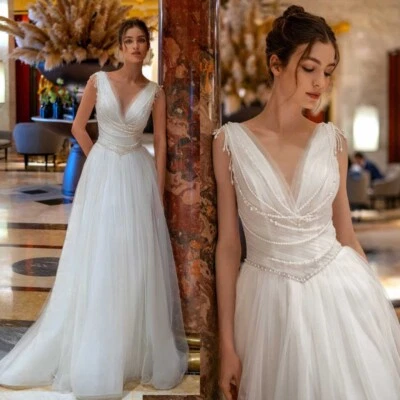Brautkleid Hochzeitskleid Perle V-Ausschnitt Leckage Zurück Weiß Ivory 38 40 42 - Bild 1 von 4