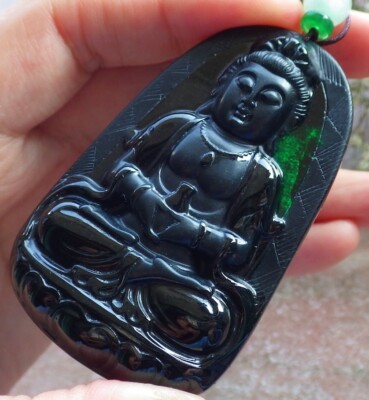 Video Certified Black Green Natural A Jade jadeite pendant Guanyin  墨翠观音 399384