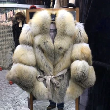 Womens Luxury Real Golden Island Fox Fur Coat Lapel Winter Gorgeous Thick Poncho