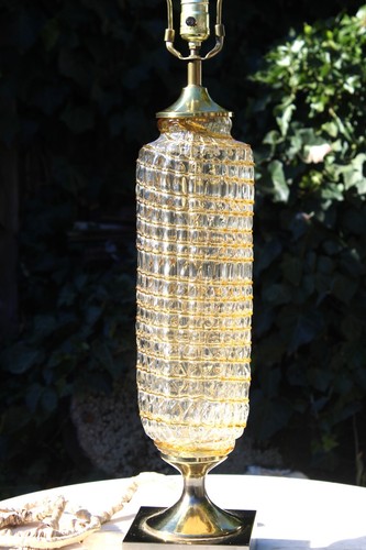 Italian Murano Style Art Glass Lamp Ribbed Swirl Amber Clear Mid-Century Modern