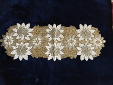 White and Gold BEADED Christmas Poinsettia Elegant Table Runner 13x36 NEW