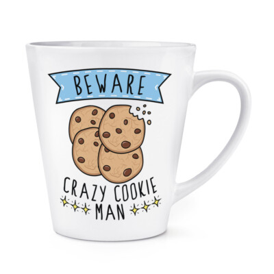 Vorsicht Crazy Cookie Man 12 Unzen Latte Becher Tasse lustiger Witz Essen Keks Schokolade