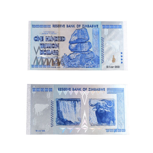 BANCONOTA PLACCATA ARGENTO DA CENTO TRILIONI DI DOLLARI Medaglia Zimbabwe Artigianato in metallo - Foto 1 di 3