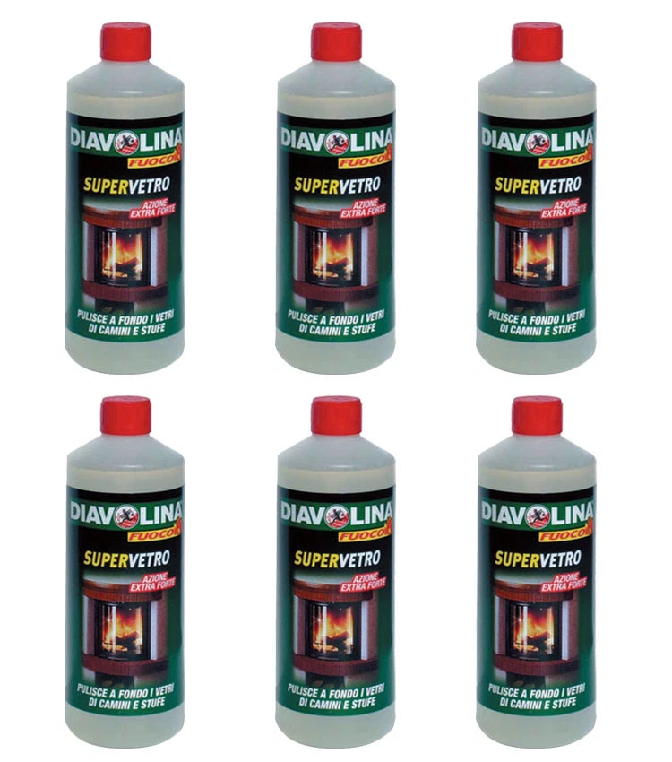 6pz DIAVOLINA SUPERVETRO ricarica detergente per vetri di stufe e camini 1000ml