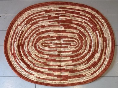 Vtg Handmade Orange White Blue Floral Micro Print Oval Rag Rug Cottage Country