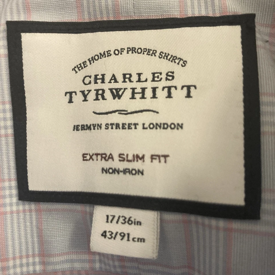 Camisa de Vestir CHARLES TYRWHITT 17/36 Calce Extra Ajustado Puño Francés Azul Rosa Rayas Foto 3 de 4