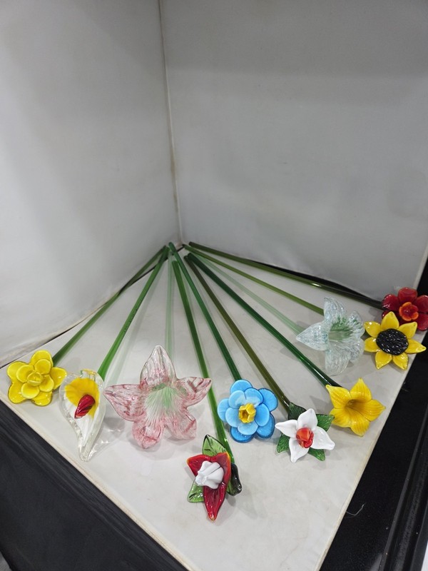 Murano Style Art Glass Decorative Flowers Long Stems Multi-Colors 10 Pcs