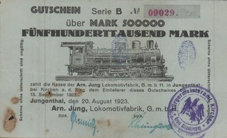 Jungenthal Lokomotivfabrik 500 Tausend Mark Serie B Stempel