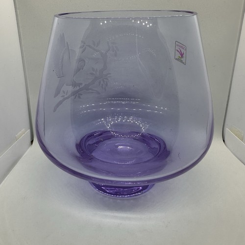 Vintage Caitness Scotland Amethyst Purple Glass Vase With Owl Etching - Picture 4 of 4