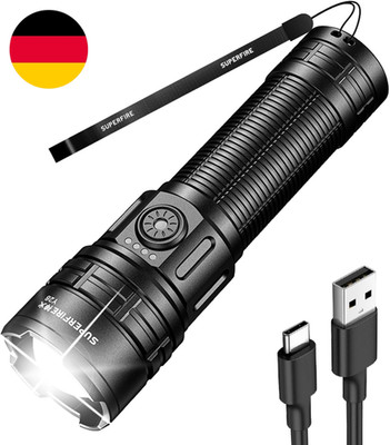 Superfire LED Taschenlampe Aufladbar,4000 Lumen Extrem Helle,650M Leuchtweite,Zo