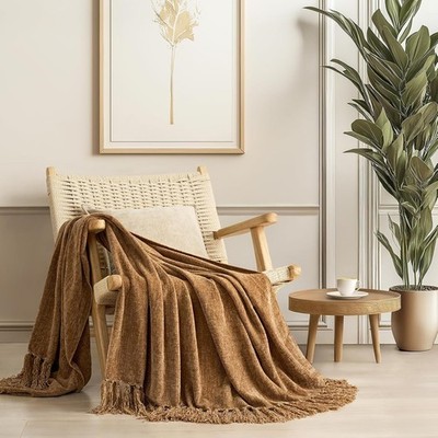 EverGrace Chenille Throw Blanket Plaid Soft Cozy Tassels 50x60 Couch Sofa New