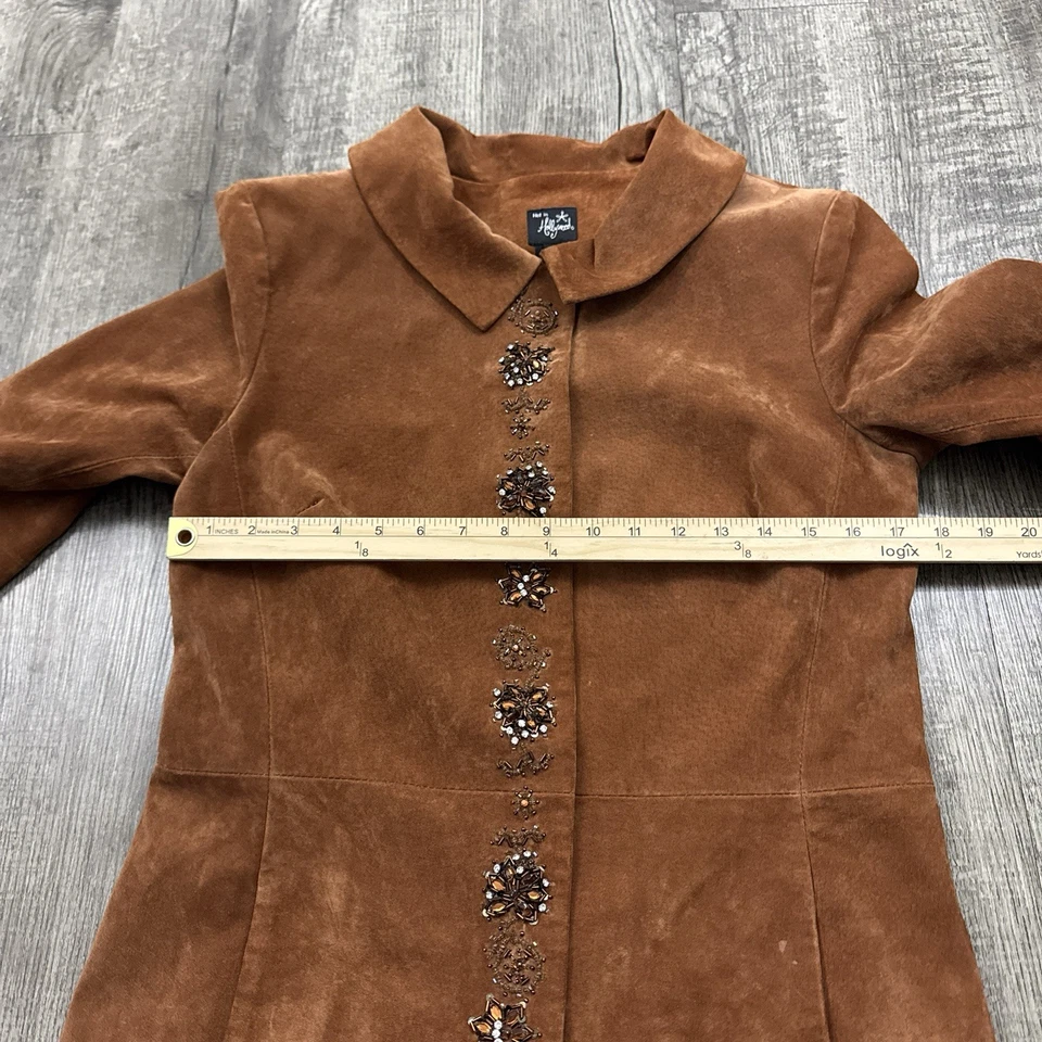 Hot in Hollywood Suede Leather Beaded Floral Embellished Long Jacket Brown S - Image 4 of 4