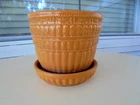 McCoy USA Beaded Flower Pot Attached Saucer Burnt Orange Vintage 1960s